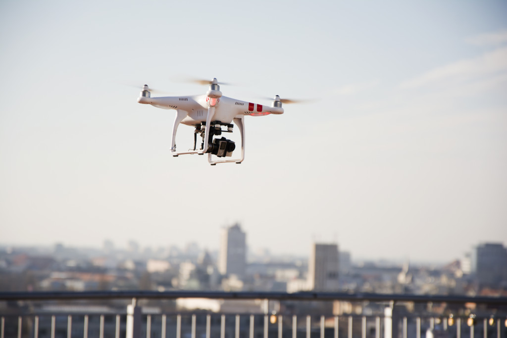 A drone flying around the city