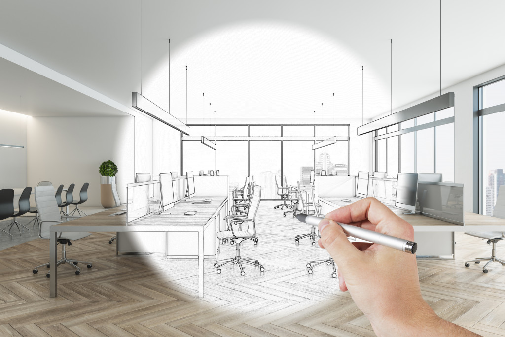 Hand-drawn co-working meeting room interior with daylight, furniture, and equipment