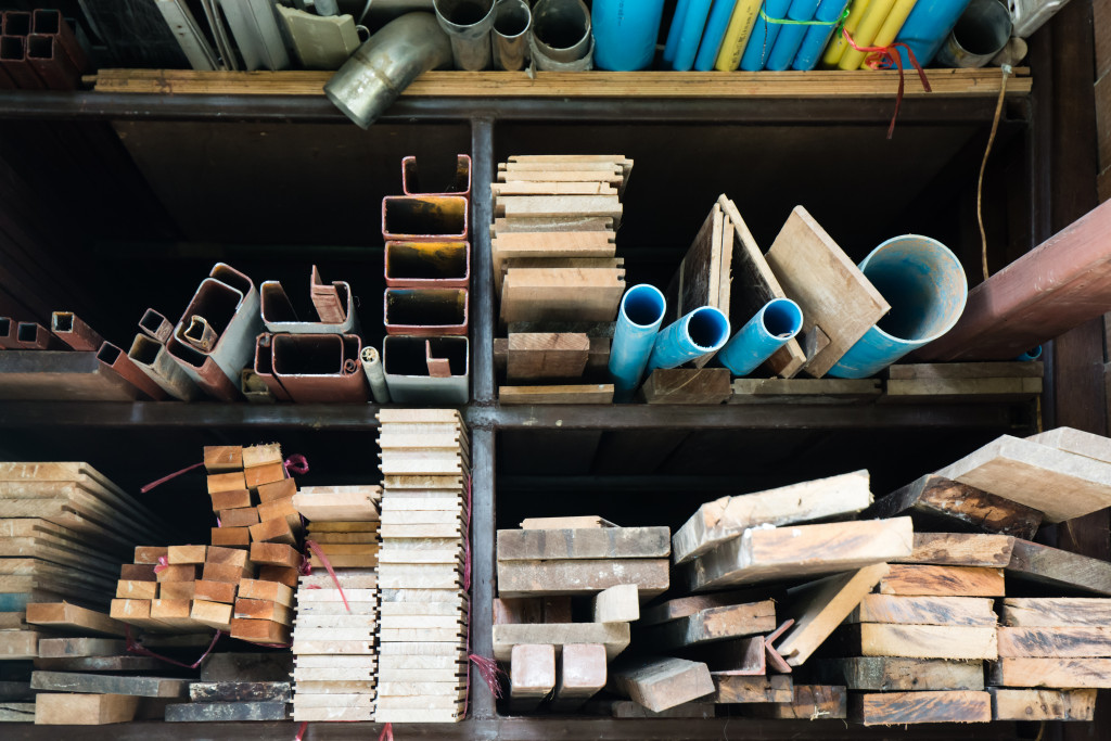 a shelf with many construction materials