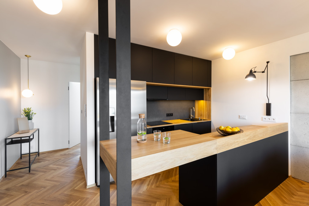 black kitchen interior with kitchen island