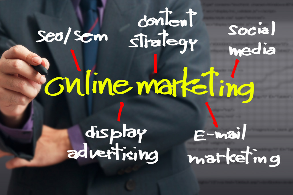 online marketing concept with businessman in the background