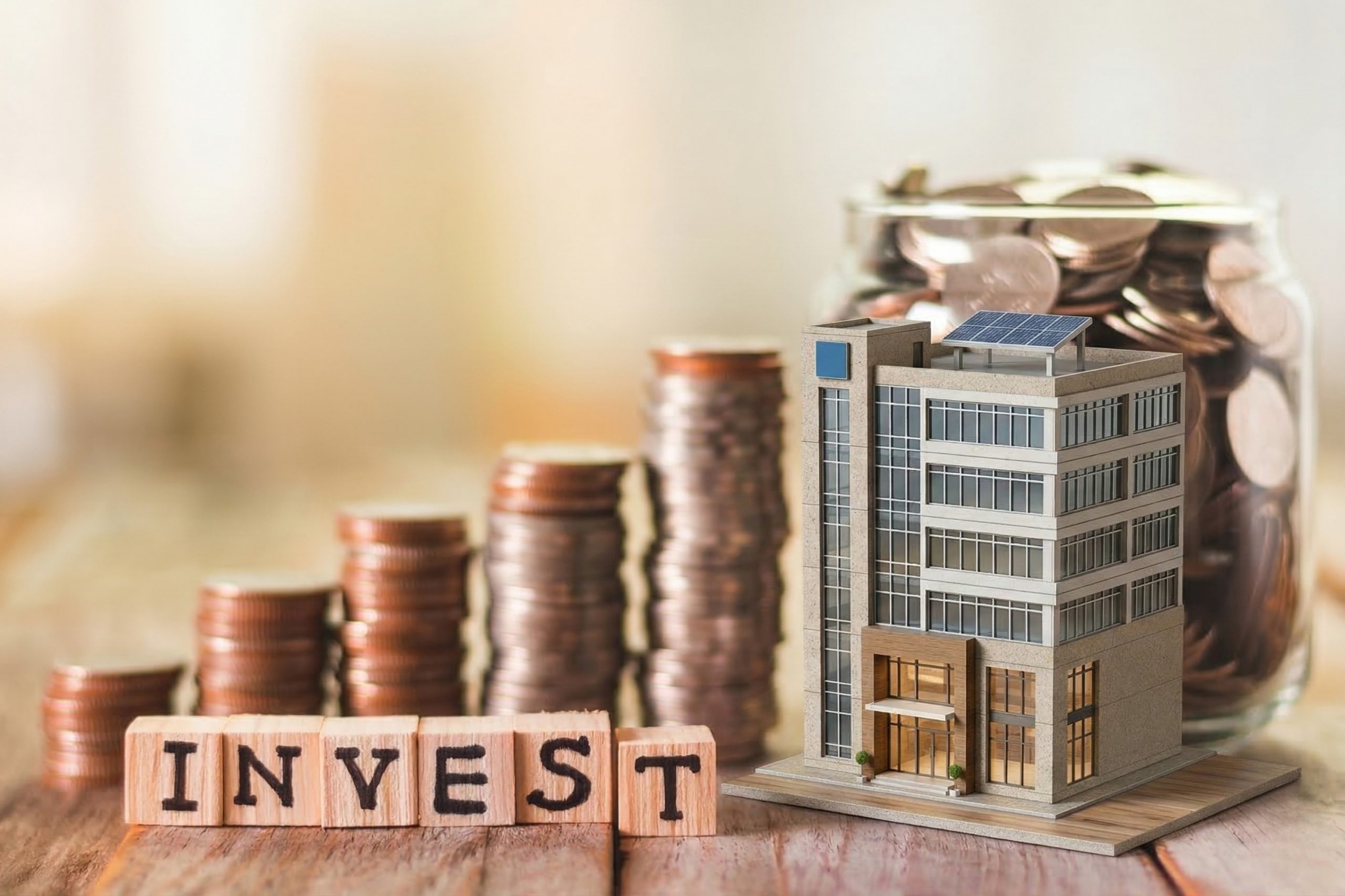 miniature building, stacked coins, and "invest" wooden blocks